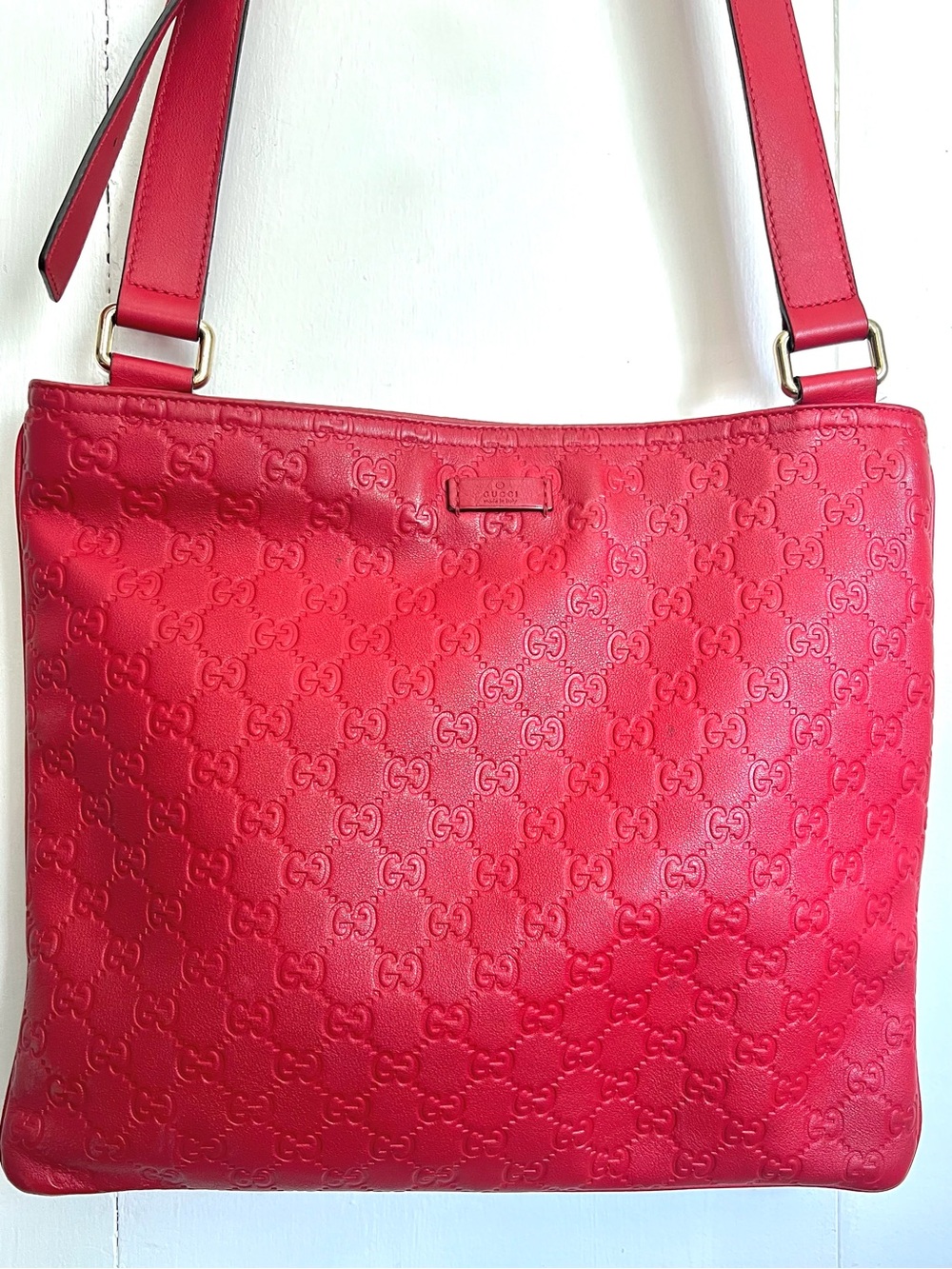 Gucci Guccissima Red Leather GG Logo Large Crossbody Slim Messenger Bag
